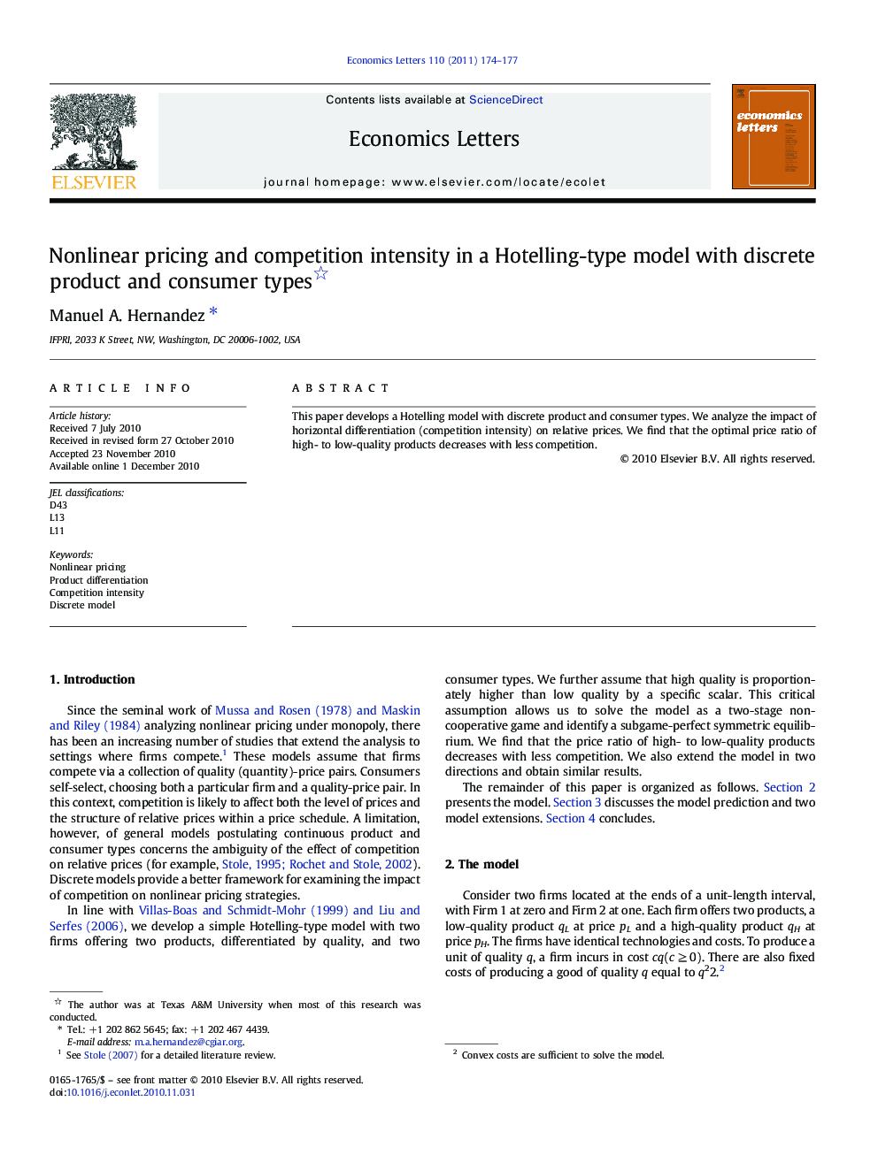 Nonlinear pricing and competition intensity in a Hotelling-type model with discrete product and consumer types