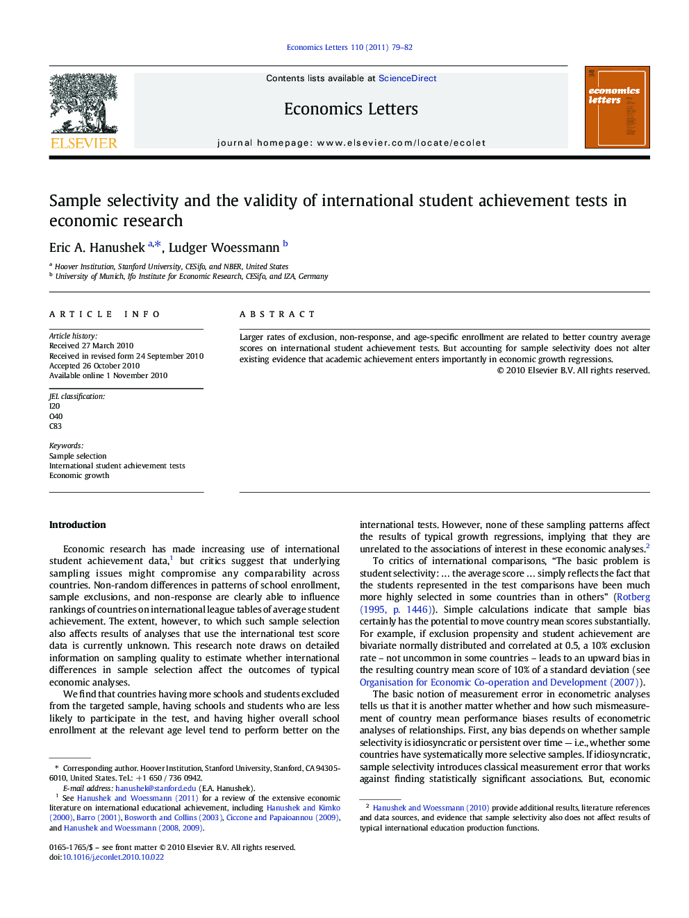 Sample selectivity and the validity of international student achievement tests in economic research
