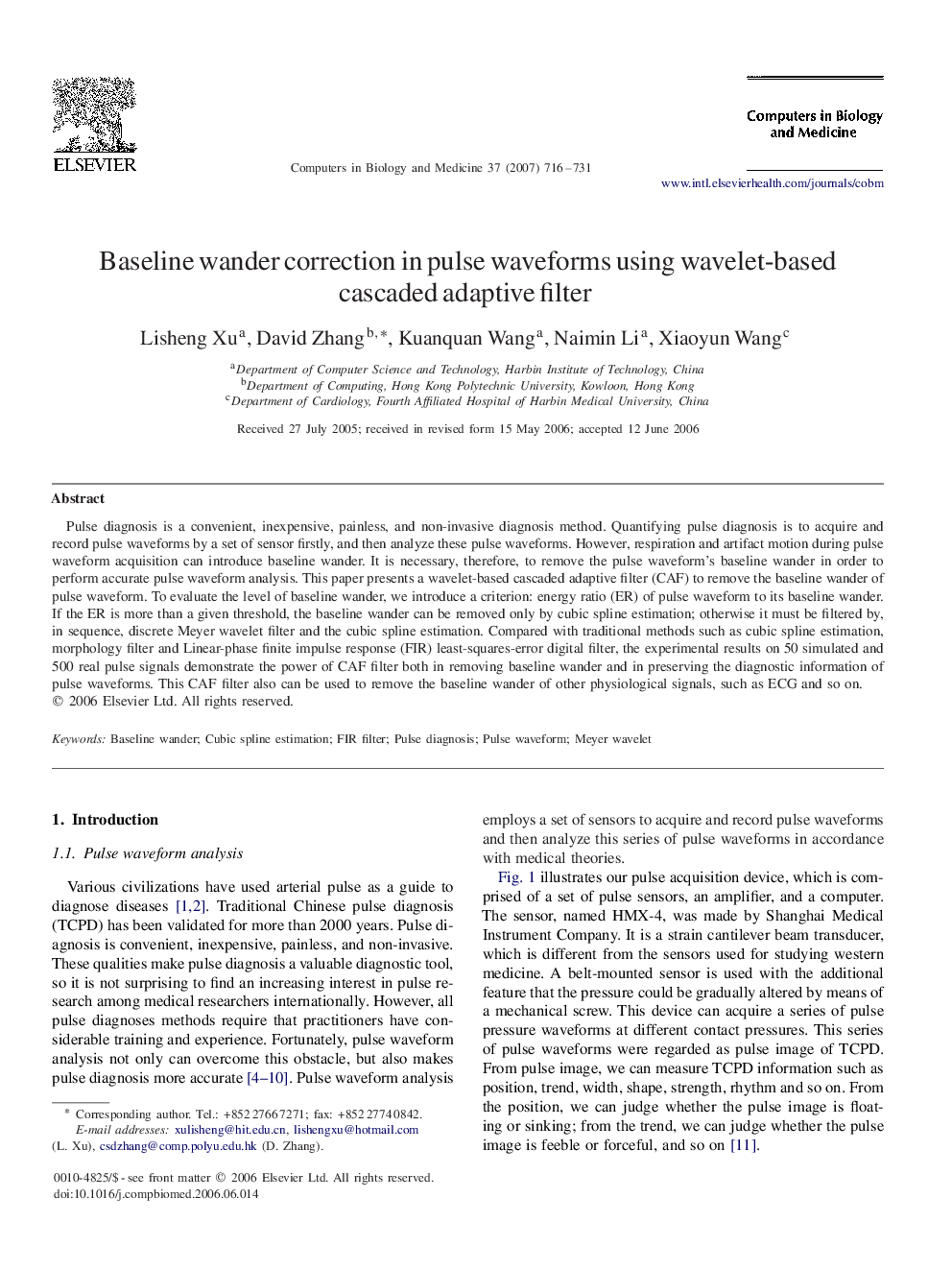 Baseline wander correction in pulse waveforms using wavelet-based cascaded adaptive filter