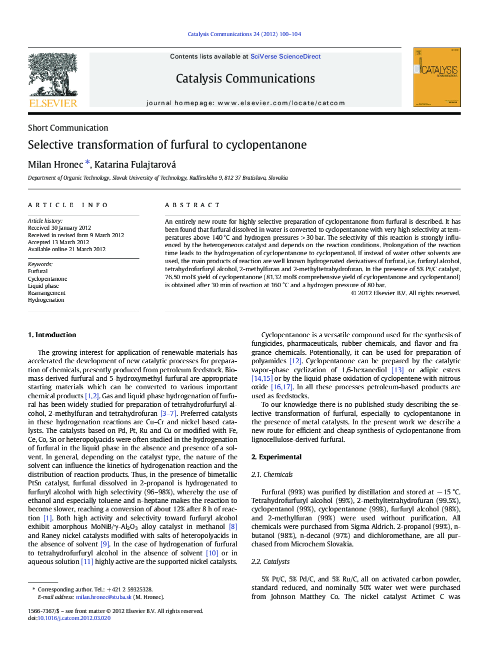 Selective transformation of furfural to cyclopentanone