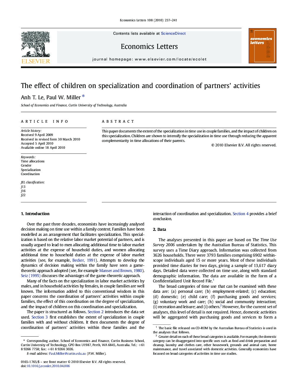 The effect of children on specialization and coordination of partners' activities
