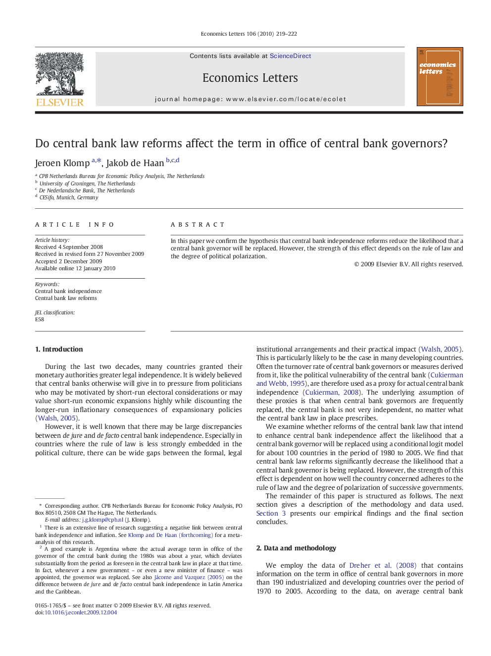 Do central bank law reforms affect the term in office of central bank governors?