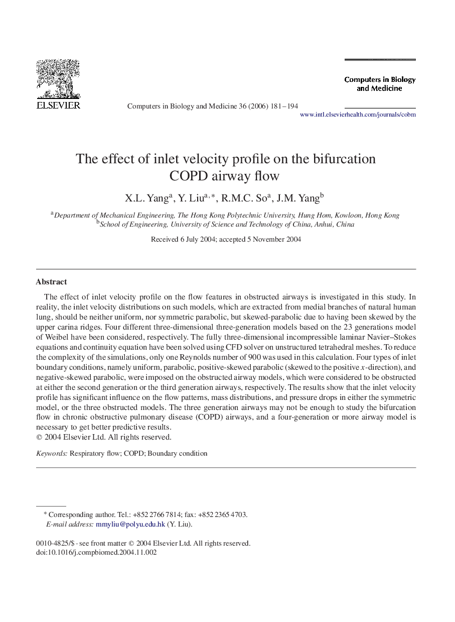 The effect of inlet velocity profile on the bifurcation COPD airway flow