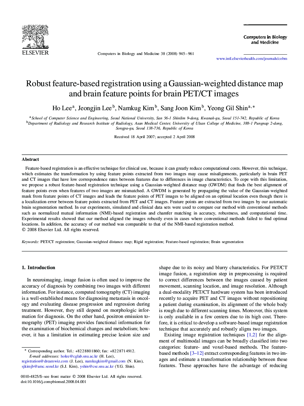 Robust feature-based registration using a Gaussian-weighted distance map and brain feature points for brain PET/CT images