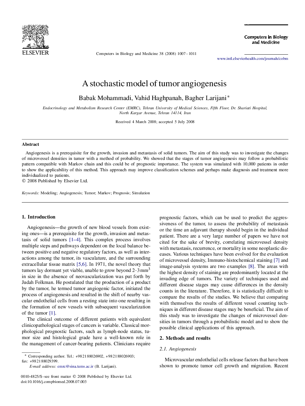 A stochastic model of tumor angiogenesis