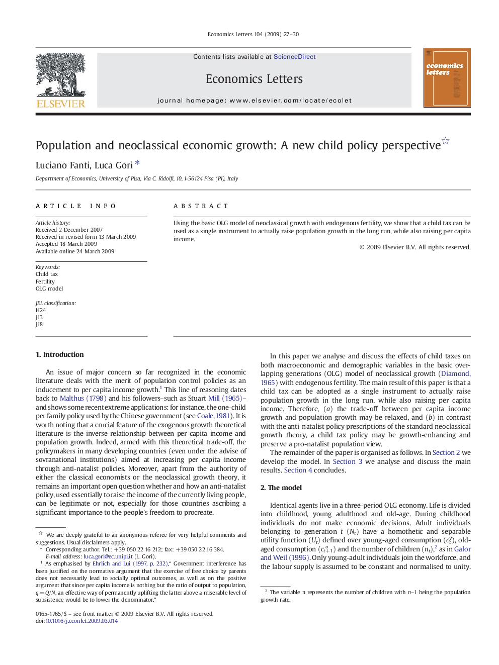 Population and neoclassical economic growth: A new child policy perspective