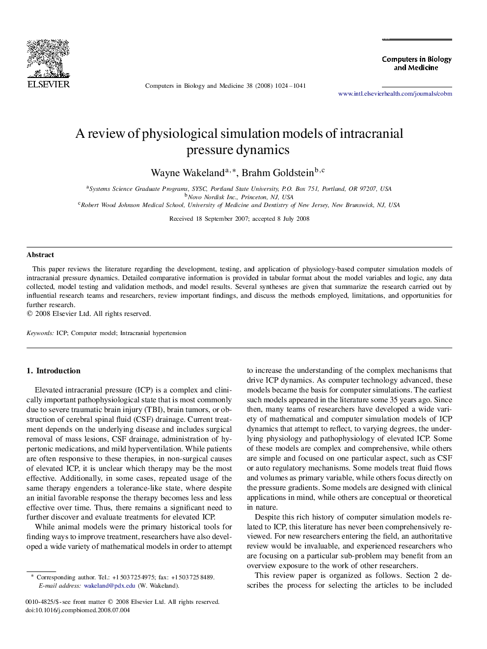 A review of physiological simulation models of intracranial pressure dynamics