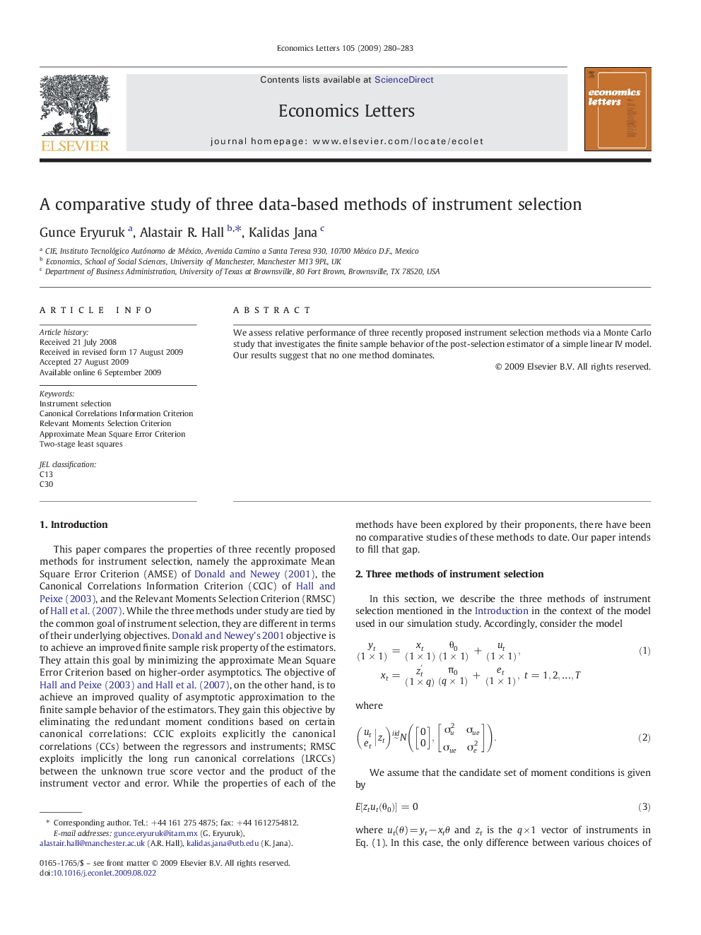 A comparative study of three data-based methods of instrument selection