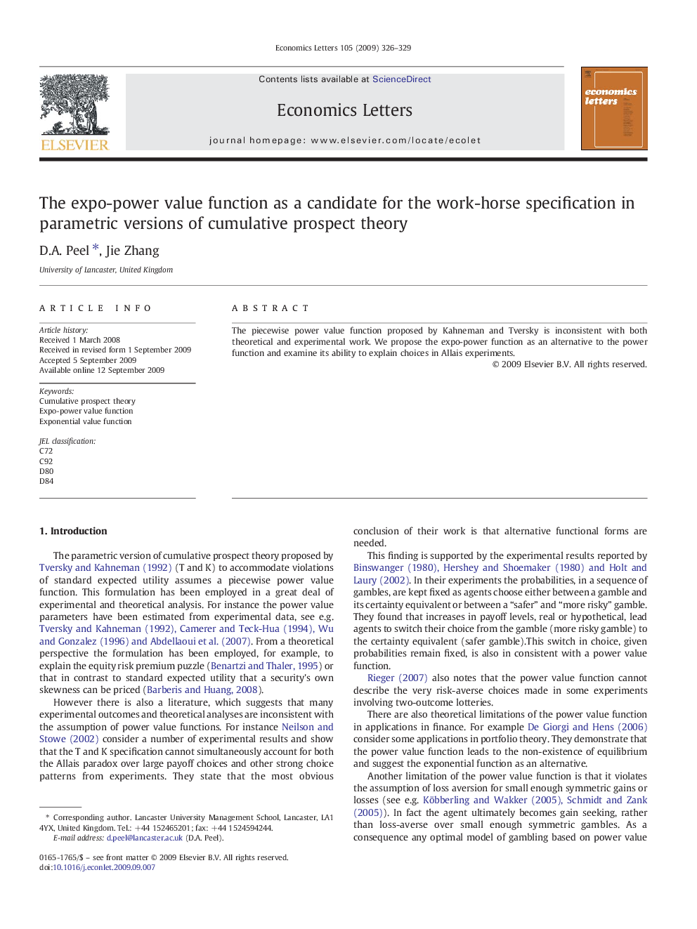 The expo-power value function as a candidate for the work-horse specification in parametric versions of cumulative prospect theory