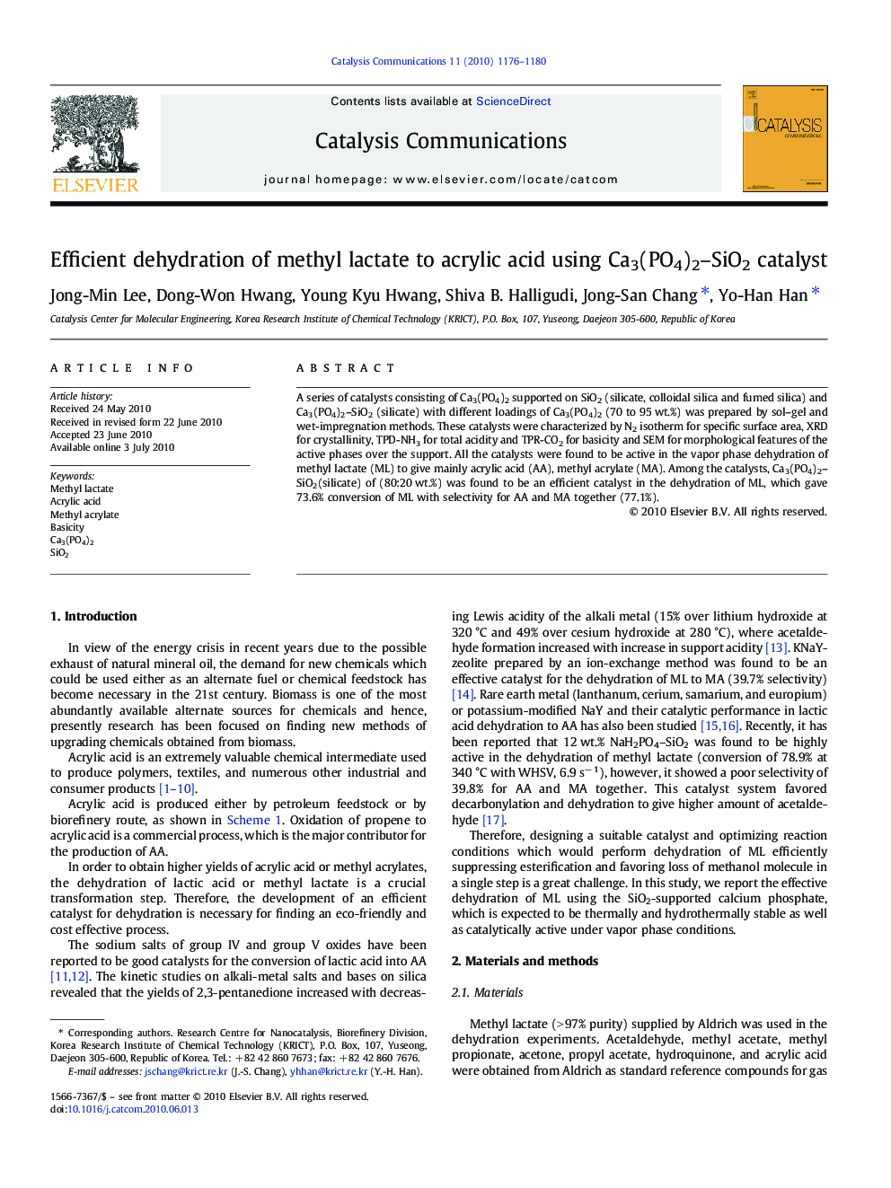 Efficient dehydration of methyl lactate to acrylic acid using Ca3(PO4)2–SiO2 catalyst