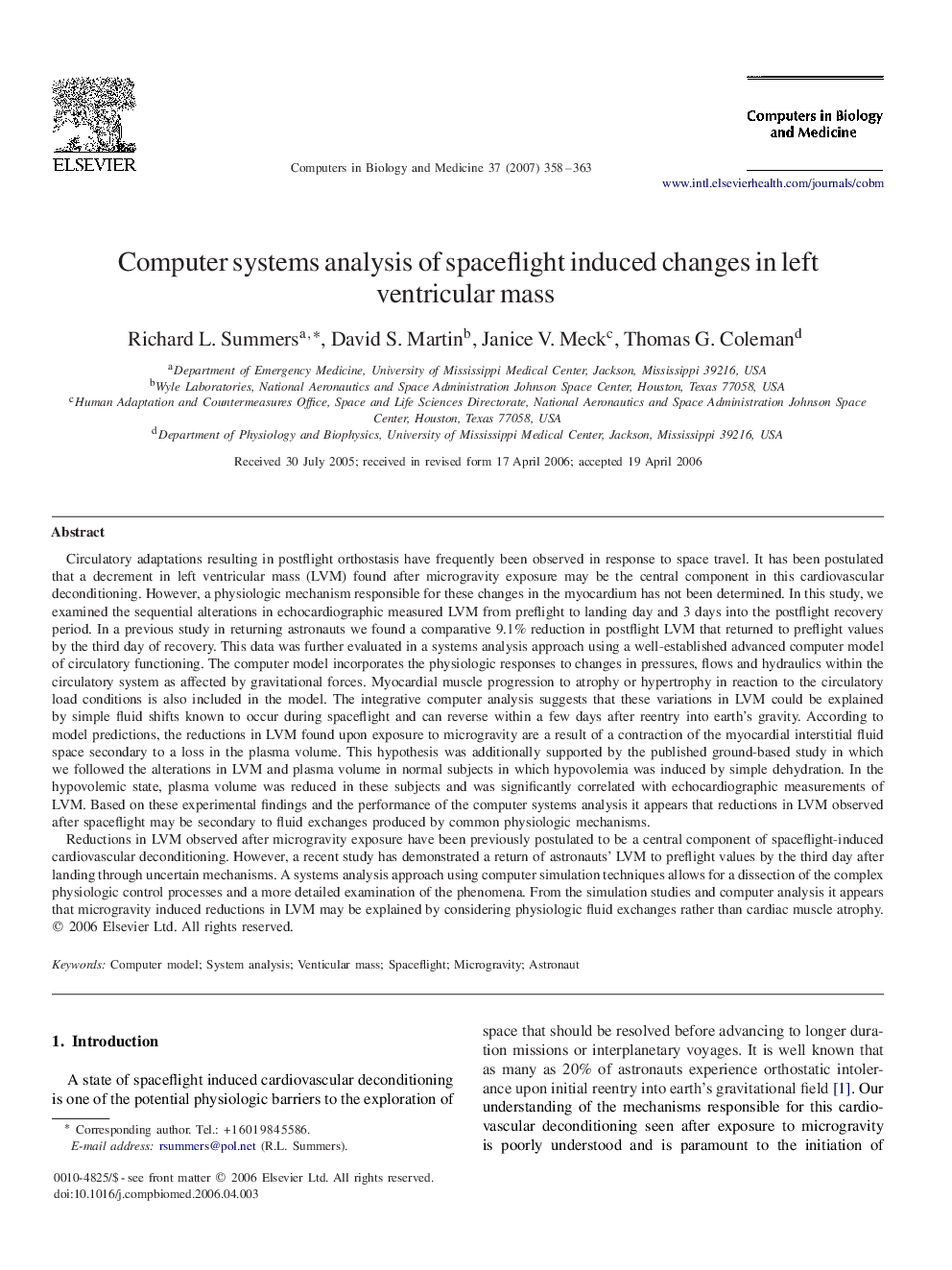 Computer systems analysis of spaceflight induced changes in left ventricular mass