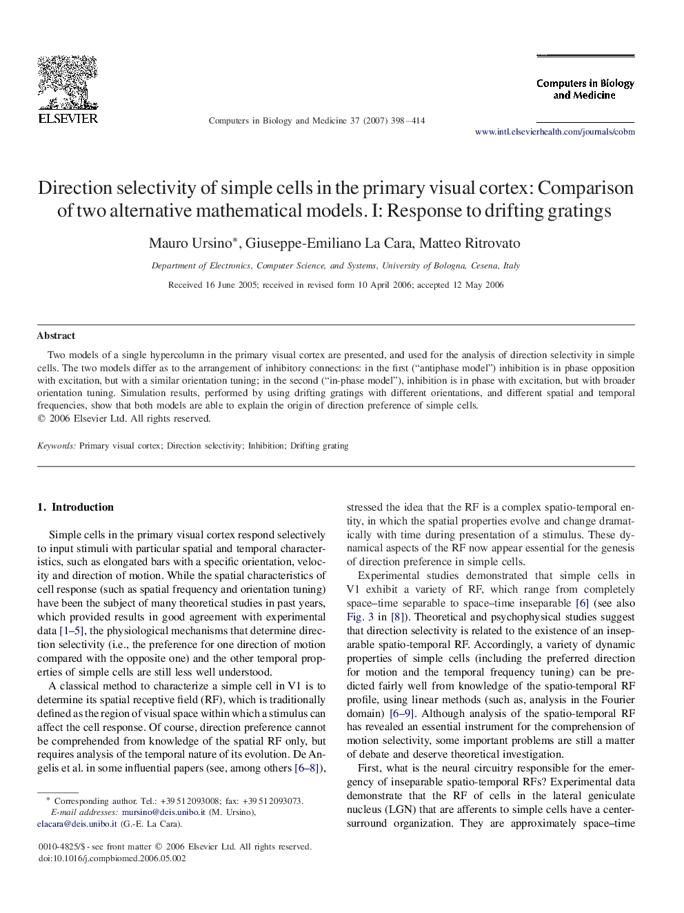 Direction selectivity of simple cells in the primary visual cortex: Comparison of two alternative mathematical models. I: Response to drifting gratings