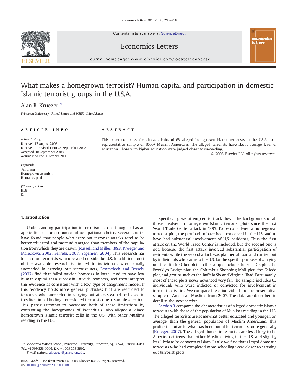 What makes a homegrown terrorist? Human capital and participation in domestic Islamic terrorist groups in the U.S.A.