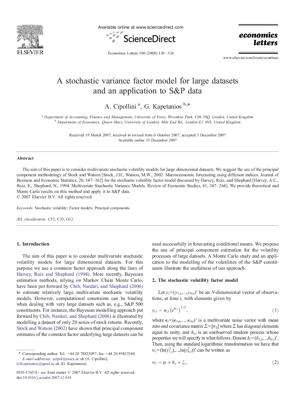 A stochastic variance factor model for large datasets and an application to S&P data