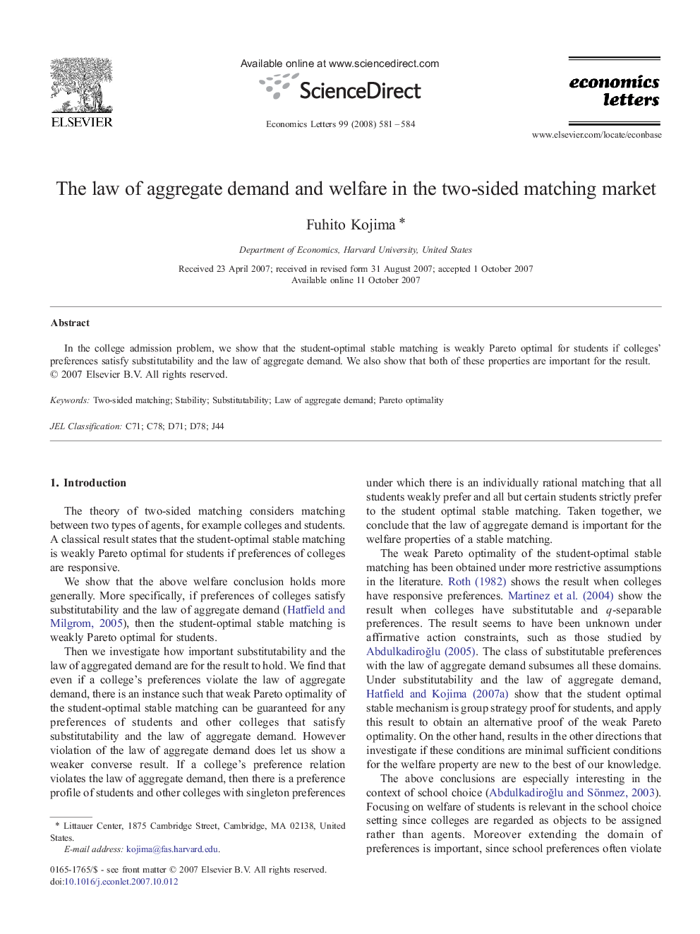 The law of aggregate demand and welfare in the two-sided matching market