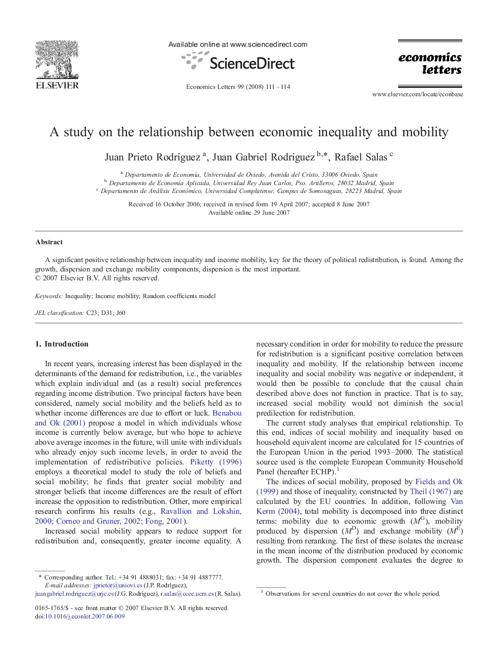 A study on the relationship between economic inequality and mobility