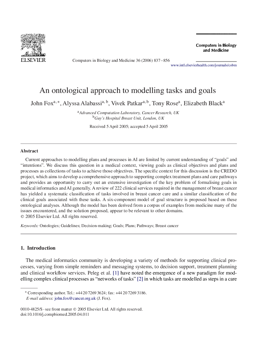 An ontological approach to modelling tasks and goals