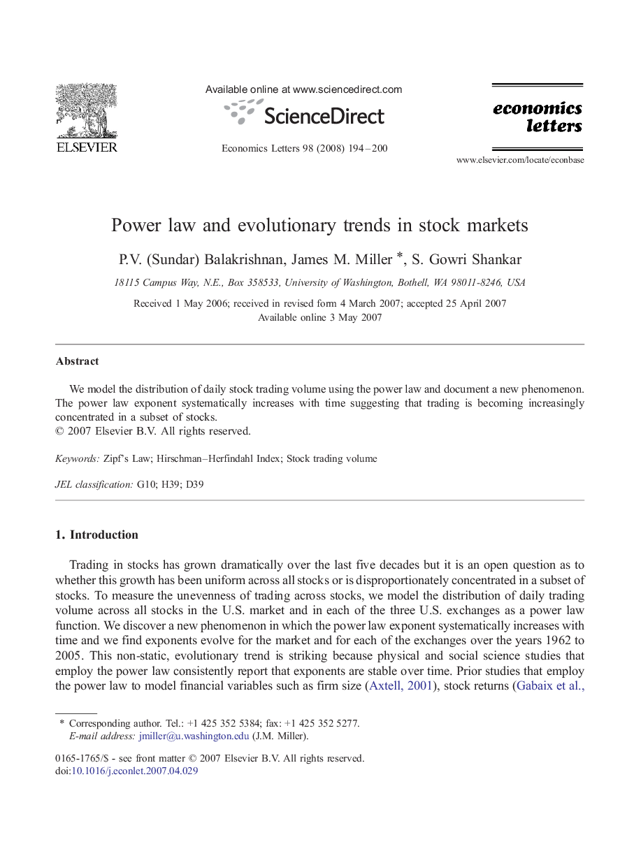 Power law and evolutionary trends in stock markets