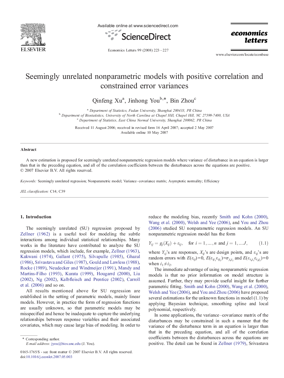 Seemingly unrelated nonparametric models with positive correlation and constrained error variances