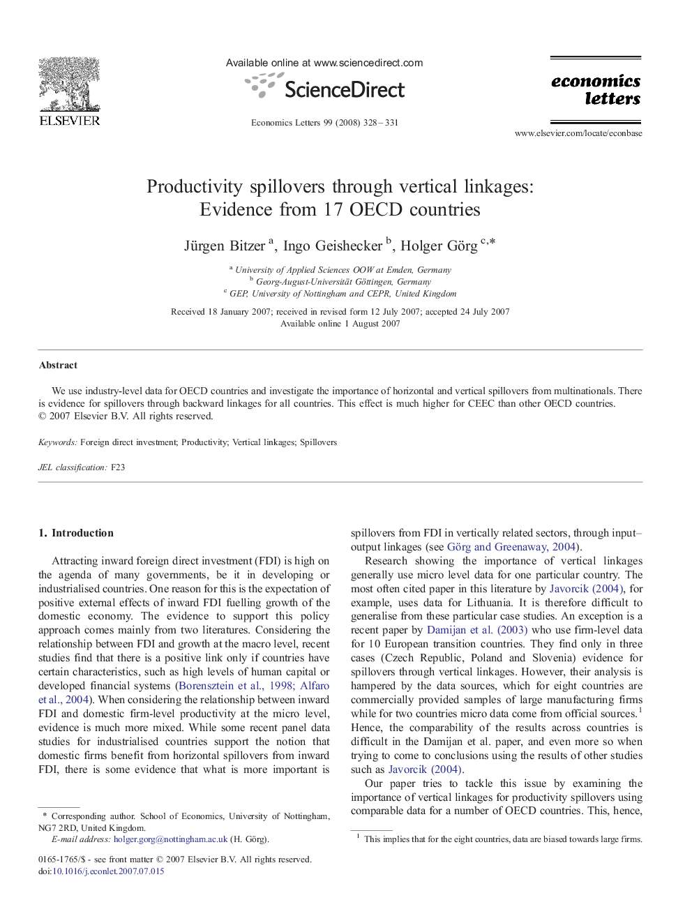 Productivity spillovers through vertical linkages: Evidence from 17 OECD countries