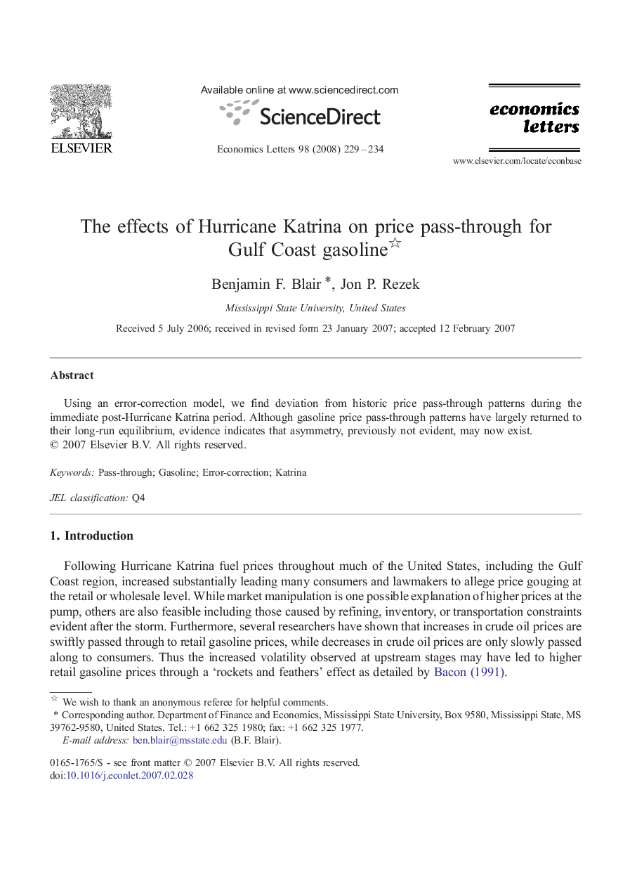 The effects of Hurricane Katrina on price pass-through for Gulf Coast gasoline