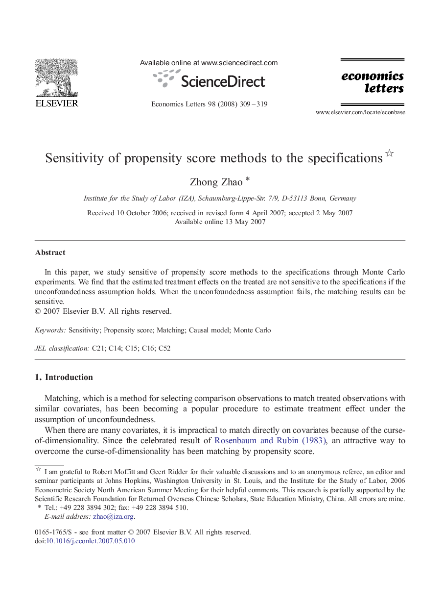 Sensitivity of propensity score methods to the specifications