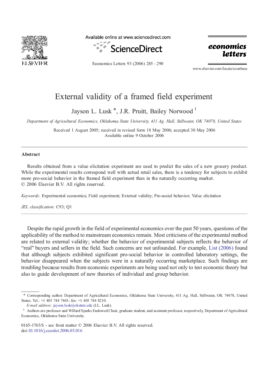 External validity of a framed field experiment