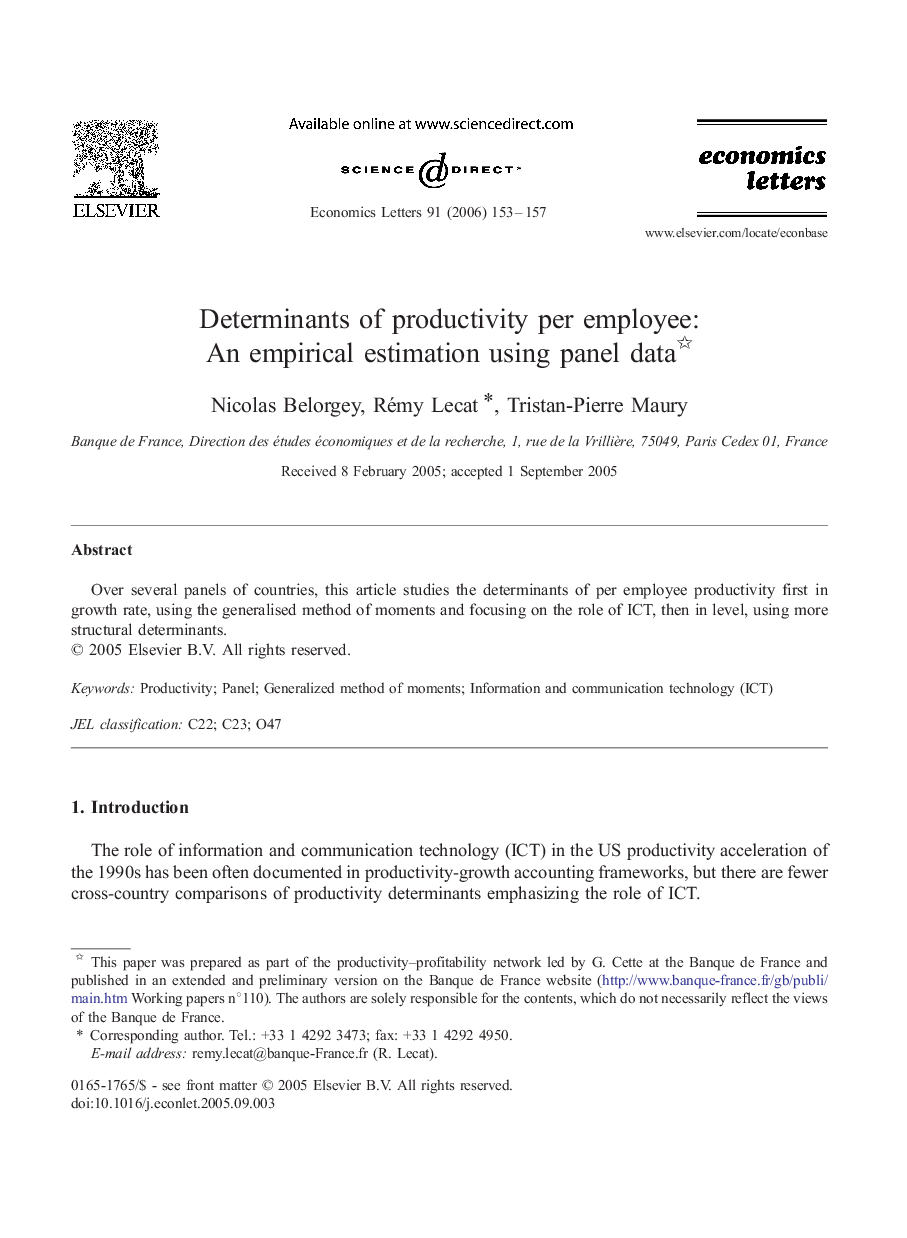 Determinants of productivity per employee: An empirical estimation using panel data