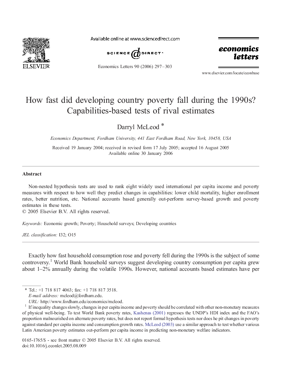 How fast did developing country poverty fall during the 1990s? Capabilities-based tests of rival estimates