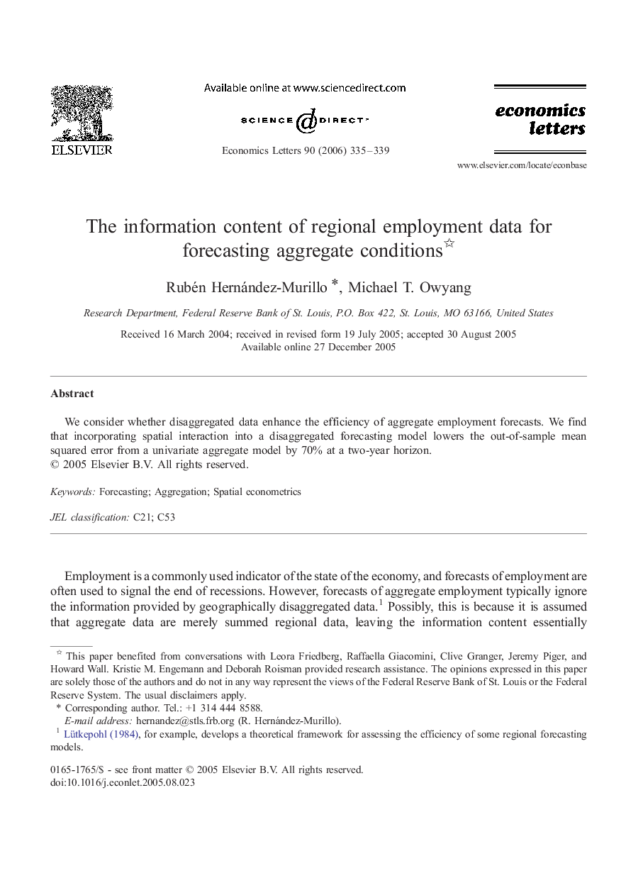 The information content of regional employment data for forecasting aggregate conditions