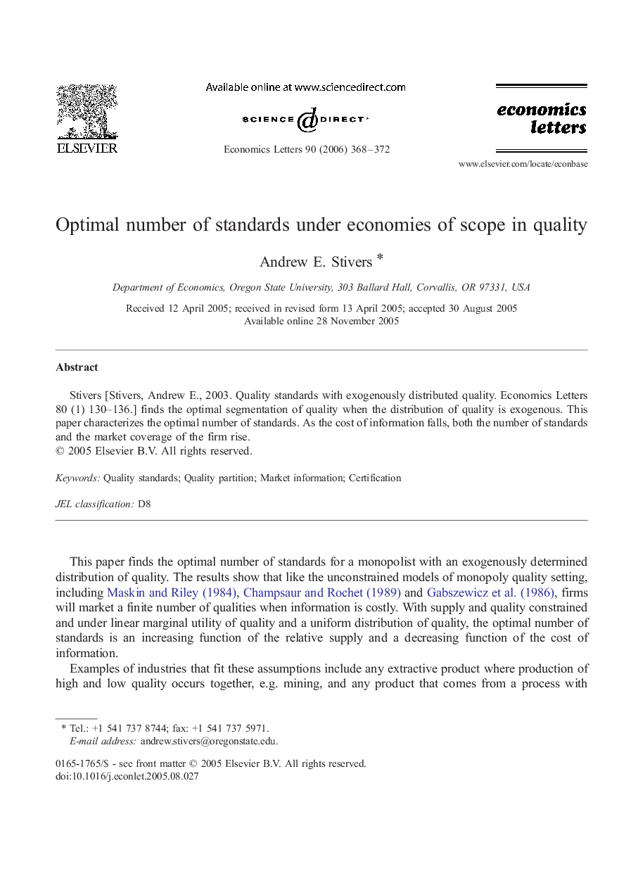 Optimal number of standards under economies of scope in quality