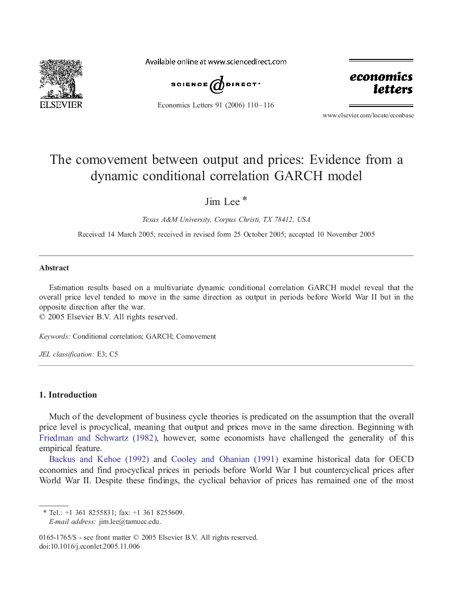 The comovement between output and prices: Evidence from a dynamic conditional correlation GARCH model