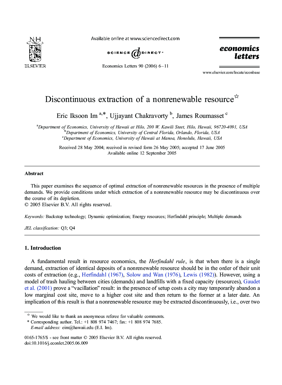 Discontinuous extraction of a nonrenewable resource