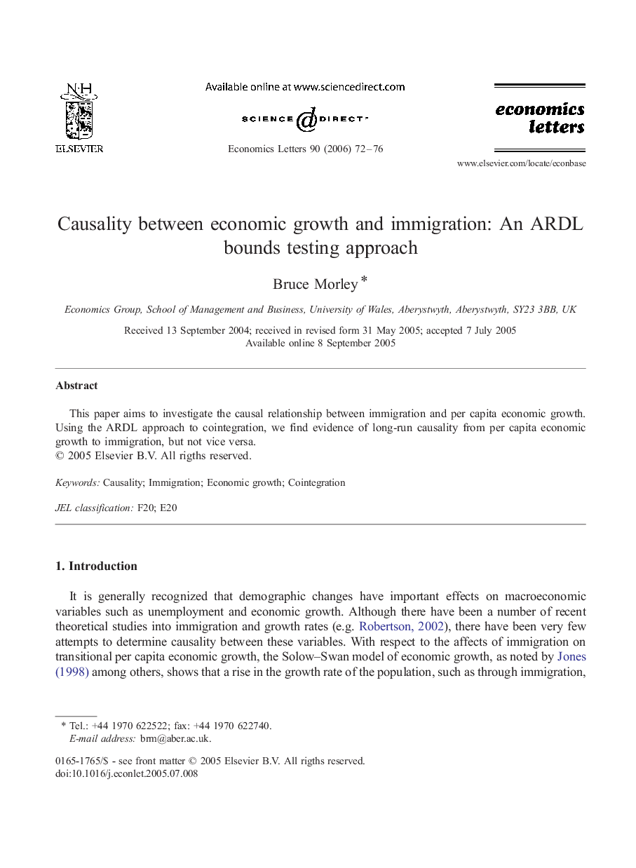 Causality between economic growth and immigration: An ARDL bounds testing approach