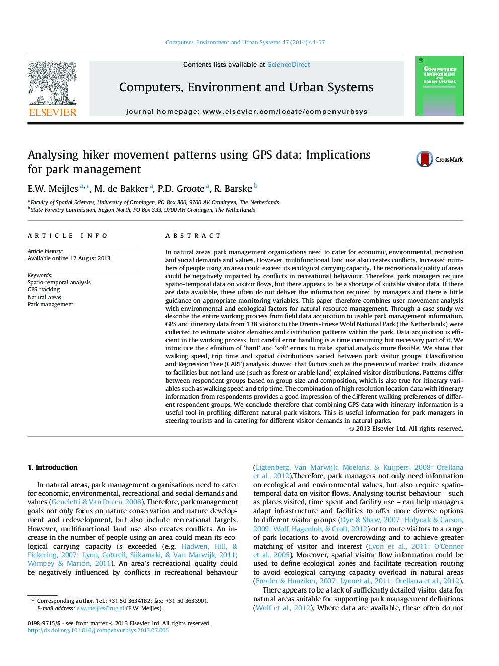 Analysing hiker movement patterns using GPS data: Implications for park management