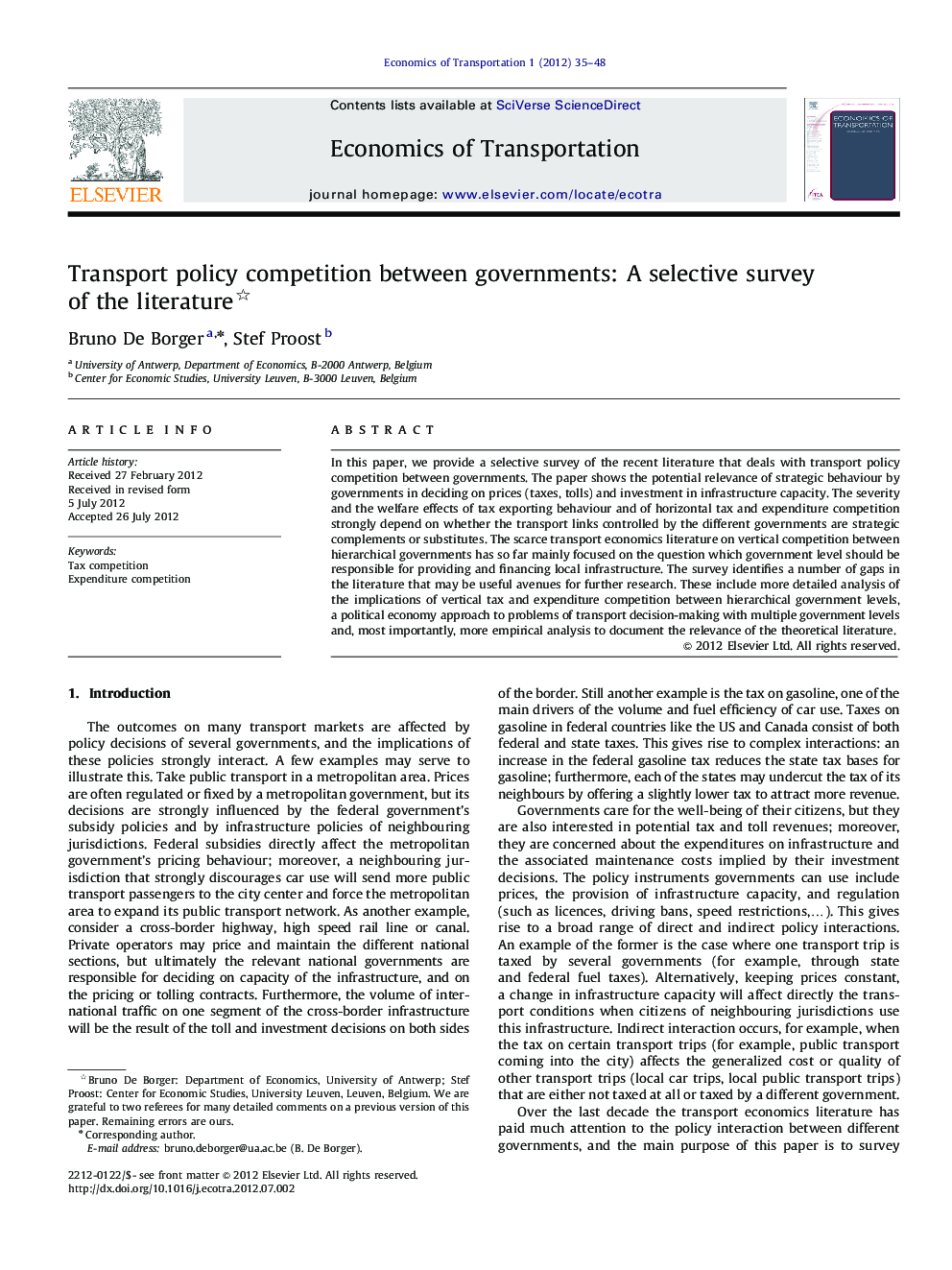 Transport policy competition between governments: A selective survey of the literature