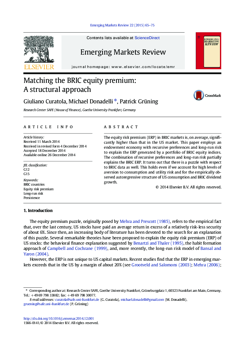 Matching the BRIC equity premium: A structural approach