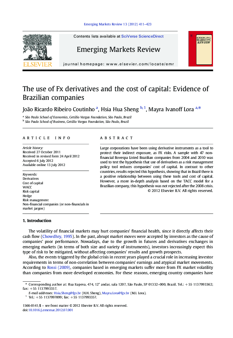 The use of Fx derivatives and the cost of capital: Evidence of Brazilian companies