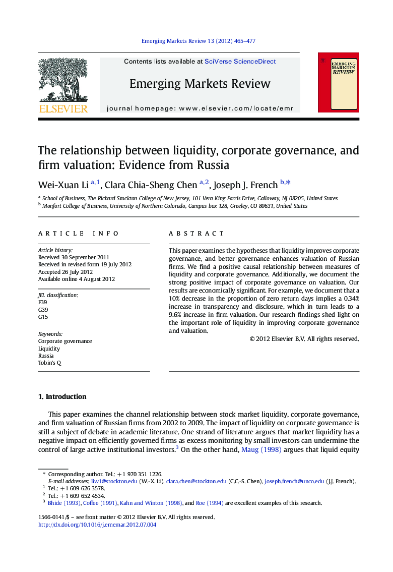 The relationship between liquidity, corporate governance, and firm valuation: Evidence from Russia
