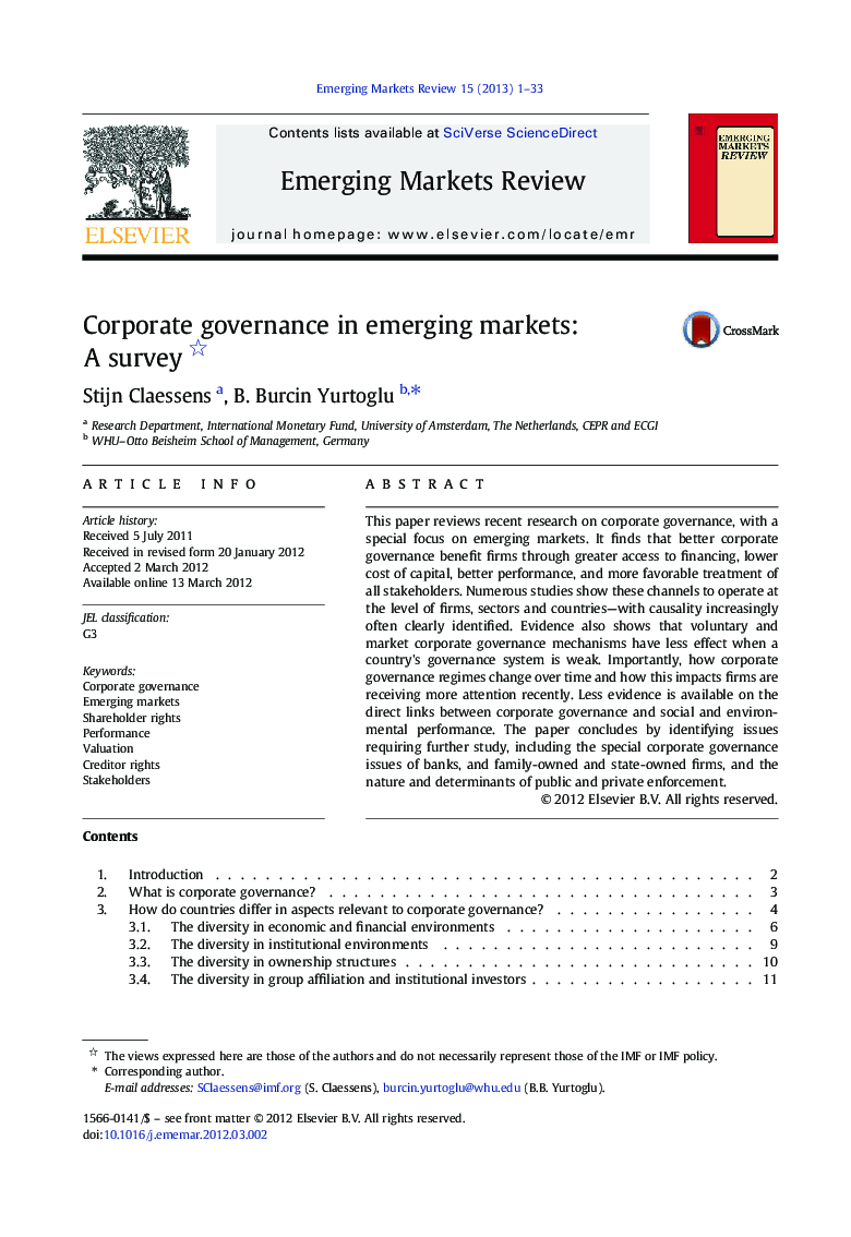 Corporate governance in emerging markets: A survey