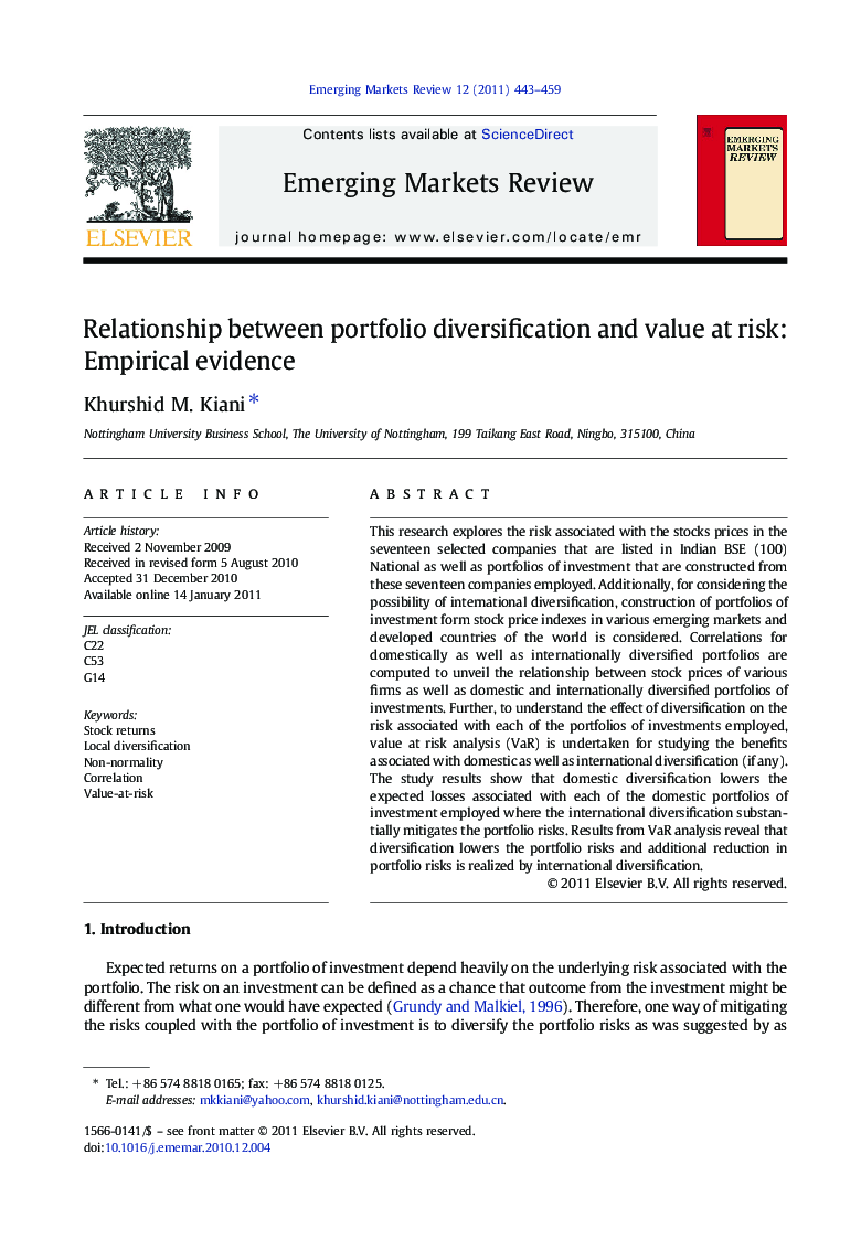 Relationship between portfolio diversification and value at risk: Empirical evidence