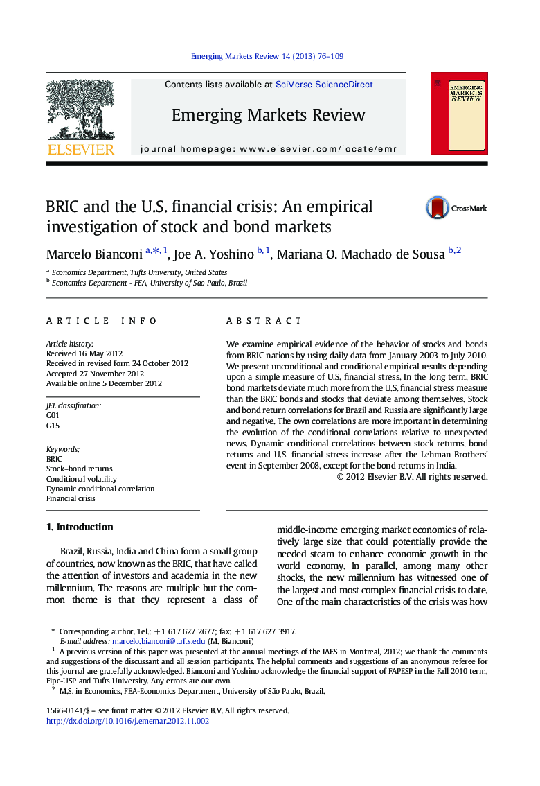 BRIC and the U.S. financial crisis: An empirical investigation of stock and bond markets