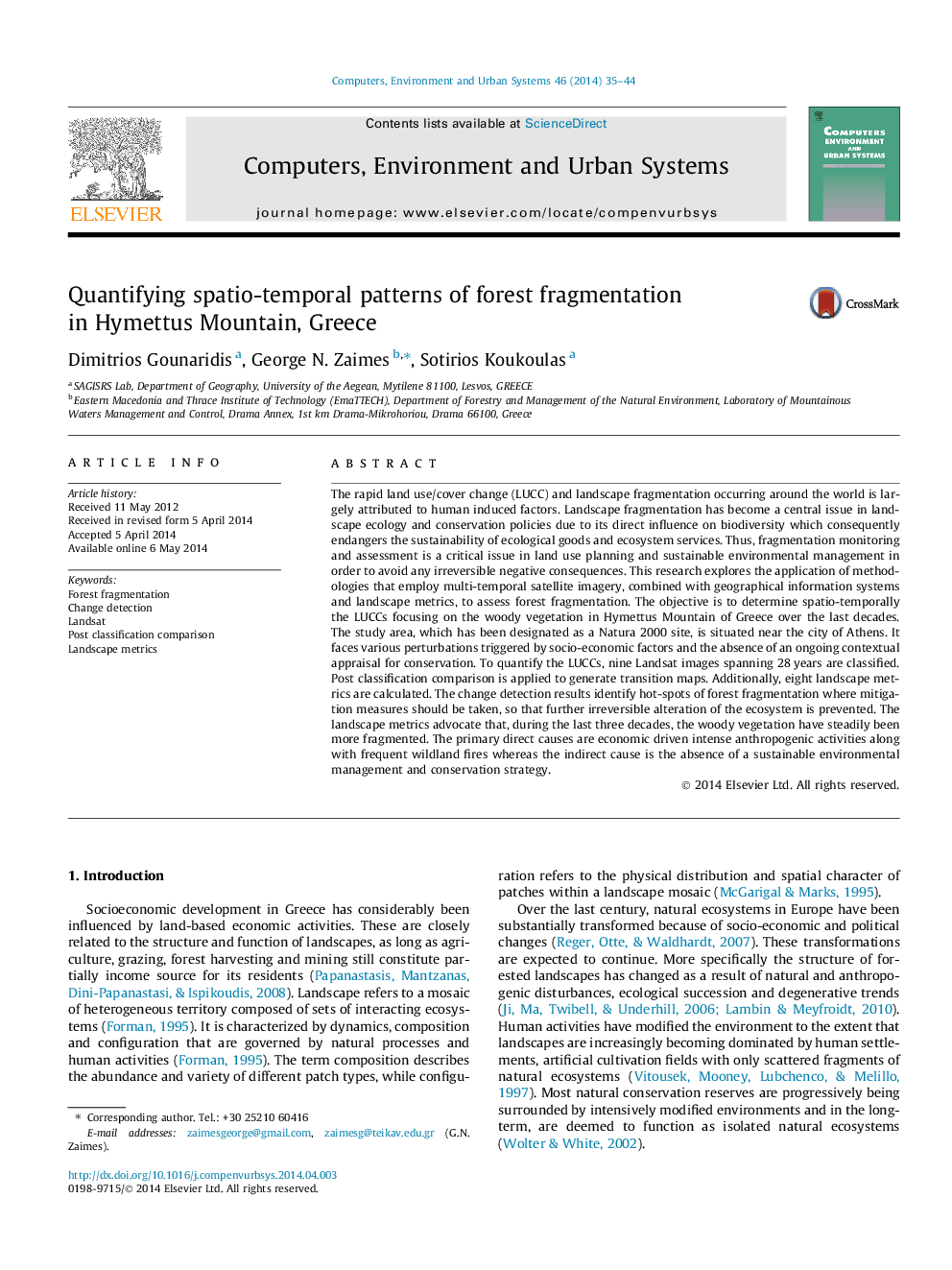 Quantifying spatio-temporal patterns of forest fragmentation in Hymettus Mountain, Greece