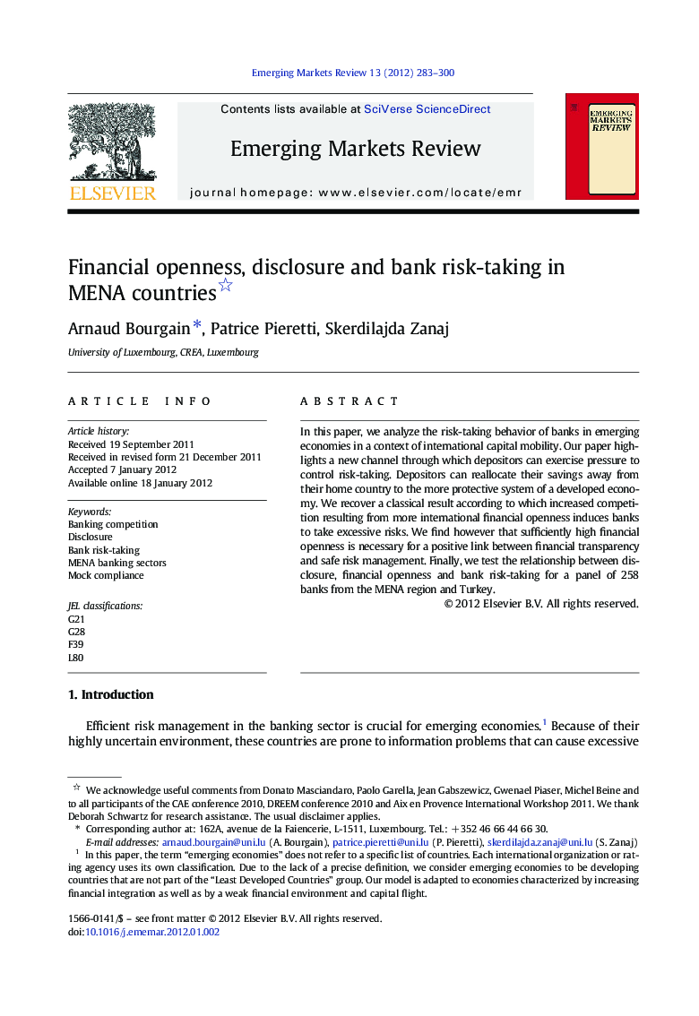 Financial openness, disclosure and bank risk-taking in MENA countries