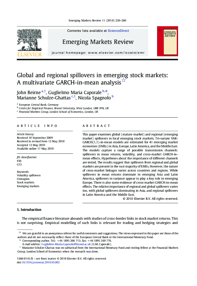 Global and regional spillovers in emerging stock markets: A multivariate GARCH-in-mean analysis