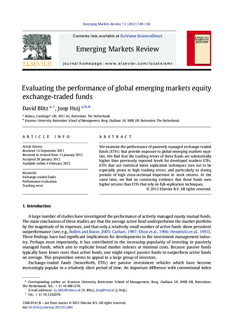 Evaluating the performance of global emerging markets equity exchange-traded funds