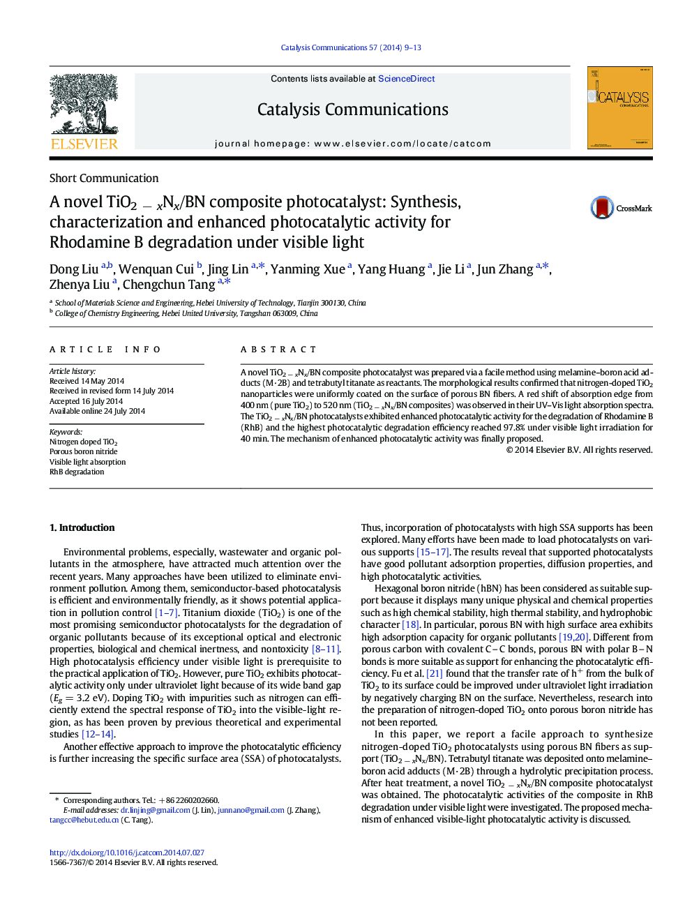 A novel TiO2 − xNx/BN composite photocatalyst: Synthesis, characterization and enhanced photocatalytic activity for Rhodamine B degradation under visible light