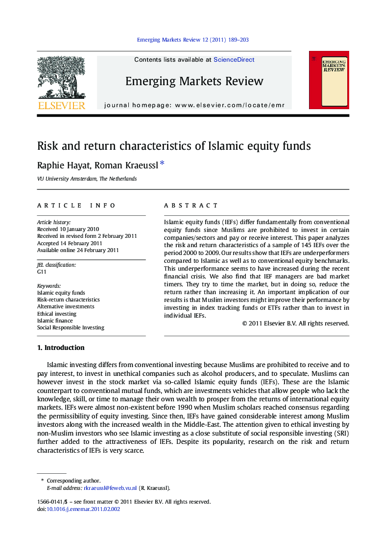 Risk and return characteristics of Islamic equity funds