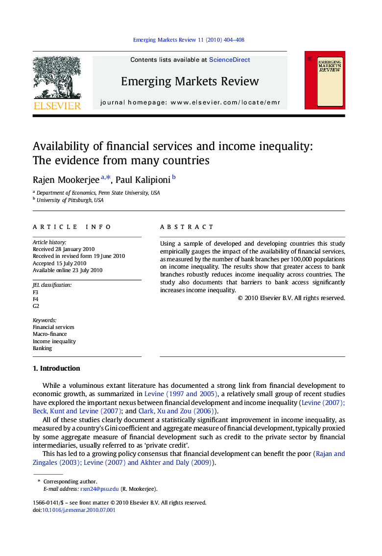 Availability of financial services and income inequality: The evidence from many countries