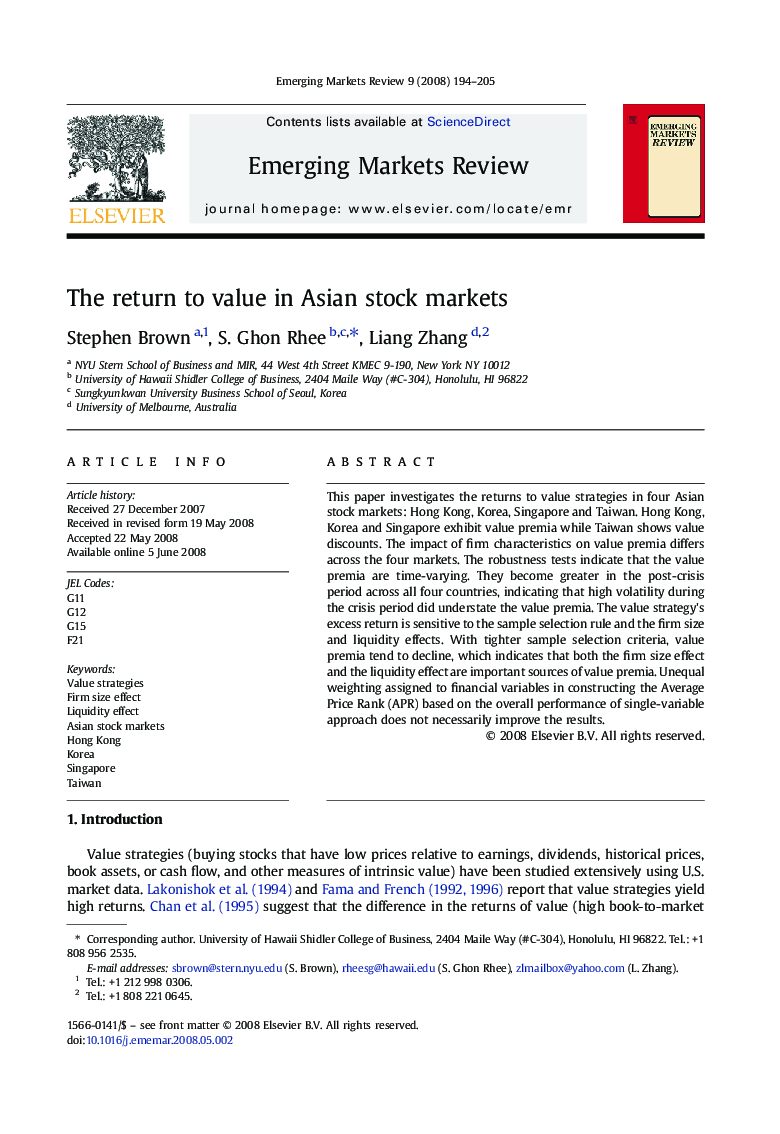 The return to value in Asian stock markets